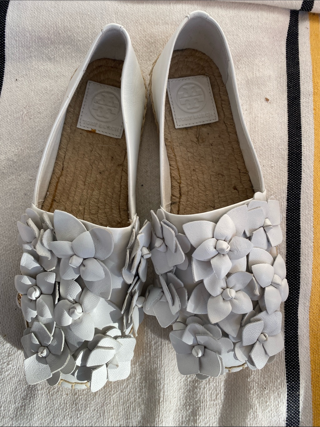Tory Burch White Floral Leather Espadrille Flats